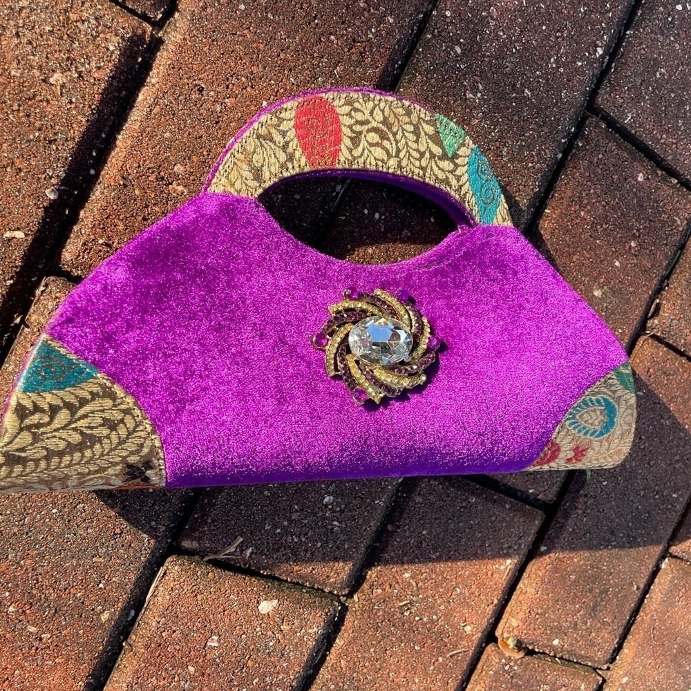 Purple Velvet Clutch with Embellished Brooch - Picture 7 of 12